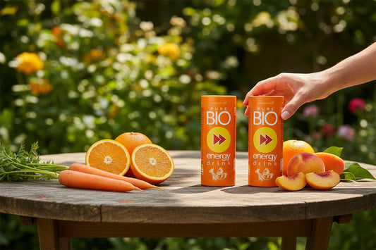 PURE BIO® Energy Drink Orange Pfirsich Karotte Kartondose 1 Tray 24 x 250ml / 24 Dosen