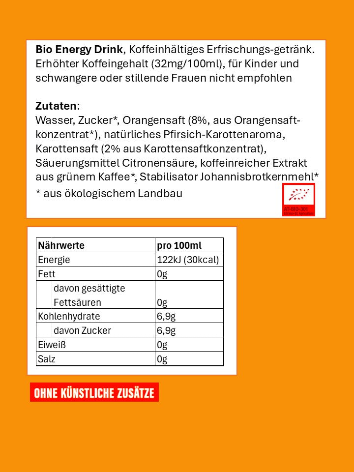 PURE BIO® Energy Drink Orange Pfirsich Karotte Kartondose 1 Tray 24 x 250ml / 24 Dosen