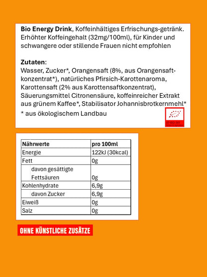 PURE BIO® Energy Drink Orange Pfirsich Karotte Kartondose 1 Tray 24 x 250ml / 24 Dosen