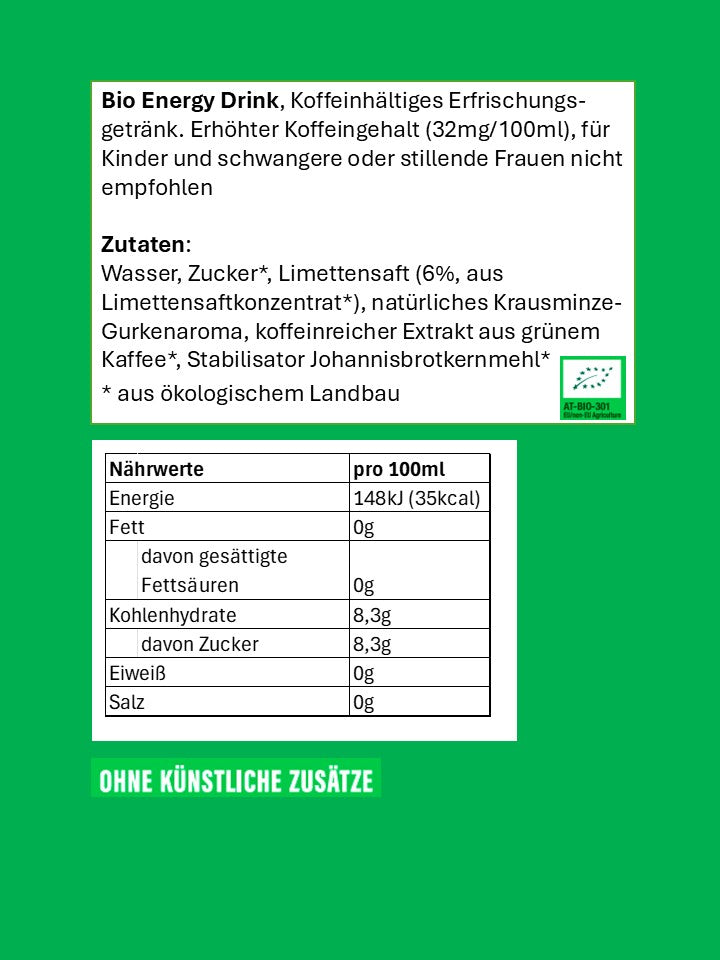 PURE BIO® Energy Drink Lime Mint Kartondose 1 Tray 24 x 250ml / 24 Dosen