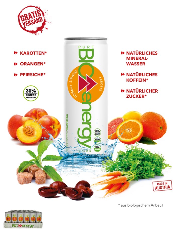 PURE-BIO® Energy Drink Orange/Pfirsich/Karotte 1 Tray 24x250ml / 24 Dosen