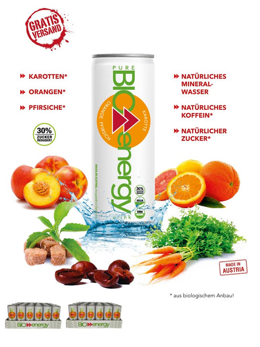 PURE-BIO® Energy Drink Orange/Pfirsich/Karotte 2 Tray 24x250ml / 48 Dosen