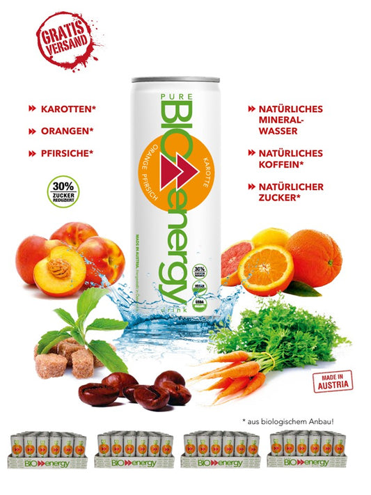 PURE-BIO® Energy Drink Orange/Pfirsich/Karotte 4 Tray 24x250ml / 96 Dosen