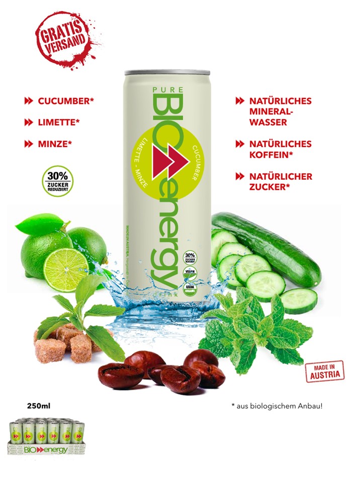 PURE-BIO® Energy Drink Gurke/Limette/Minze 1 Tray 24x250ml / 24 Dosen