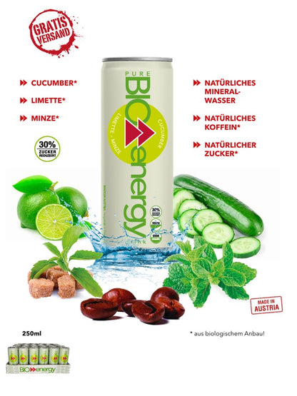 PURE-BIO® Energy Drink Gurke/Limette/Minze 1 Tray 24x250ml / 24 Dosen