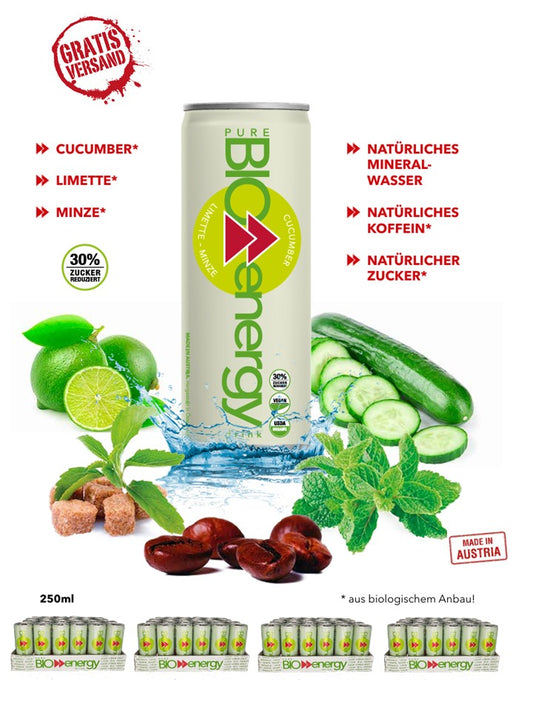 PURE-BIO® Energy Drink Gurke/Limette/Minze 4 Tray 24x250ml / 96 Dosen