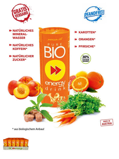 PURE BIO® Energy Drink Orange Pfirsich Karotte Kartondose 1 Tray 24 x 250ml / 24 Dosen