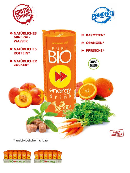 PURE BIO® Energy Drink Orange Pfirsich Karotte Kartondose 2 Tray 24 x 250ml / 48 Dosen