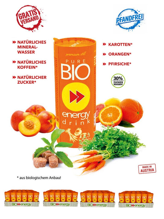 PURE BIO® Energy Drink Orange Pfirsich Karotte Kartondose 4 Tray 24 x 250ml / 96 Dosen