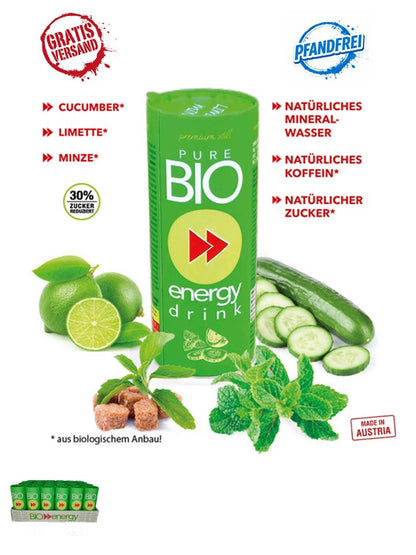 PURE BIO® Energy Drink Lime Mint Kartondose 1 Tray 24 x 250ml / 24 Dosen