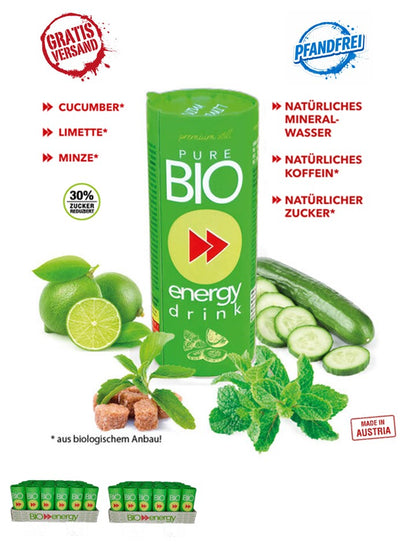 PURE BIO® Energy Drink Lime Mint Kartondose 2 Tray 24 x 250ml / 48 Dosen