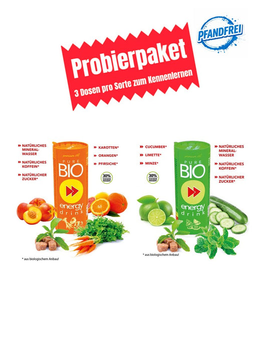 PURE BIO® Energy Drink Probierpaket Kartondose 6 x 250ml / 6 Dosen